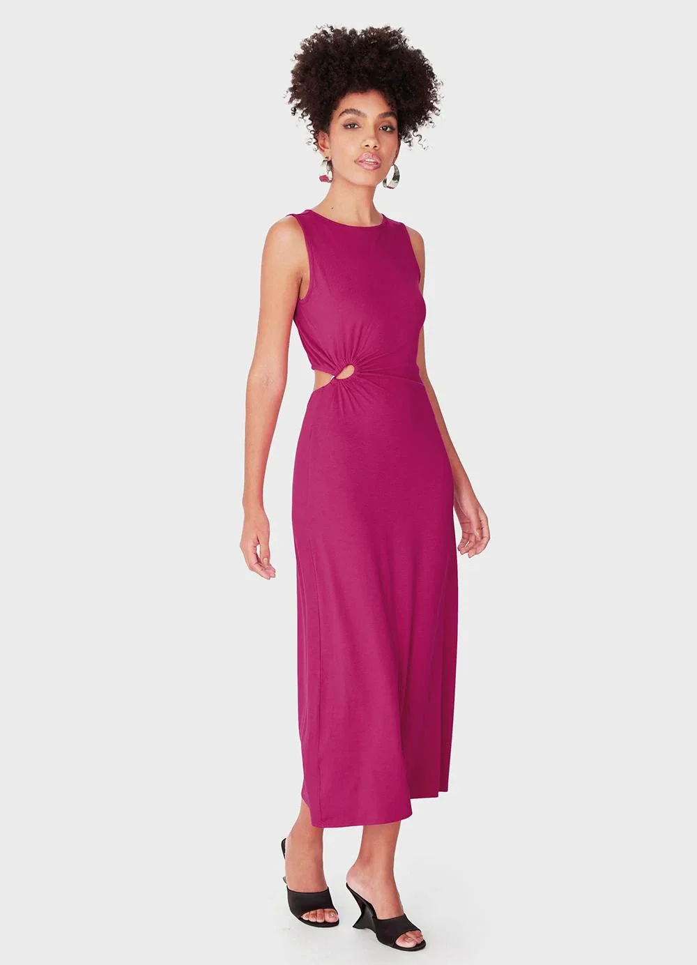 Enfim - Vestido Mídi Evasê Cut Out Fúcsia