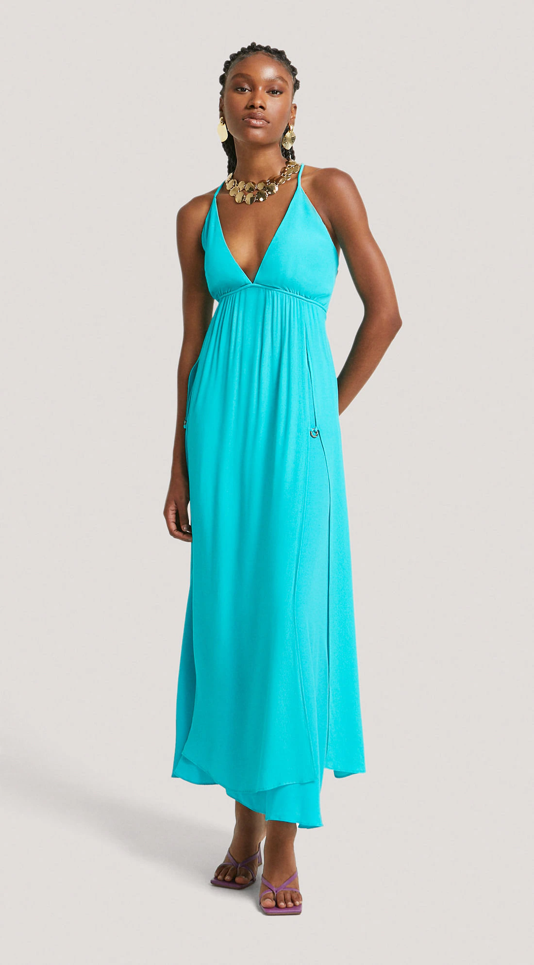 Vestido Morena Rosa Longo Decote V Abertura Frente Azul
