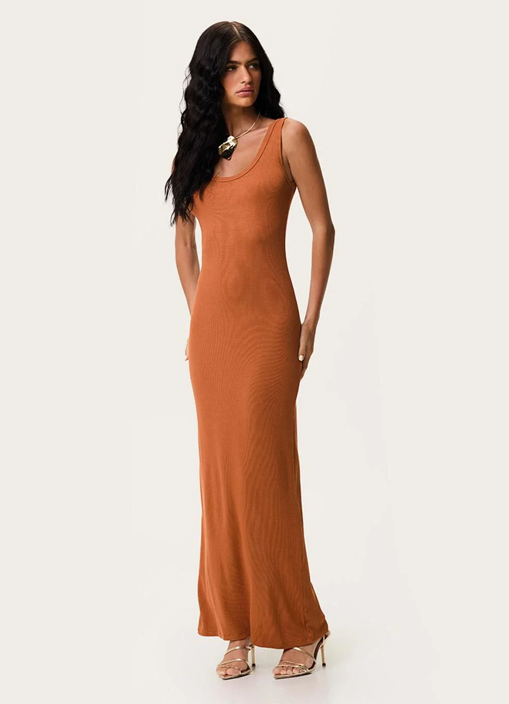 Enfim - Vestido Longo Justo Canelado Terracota