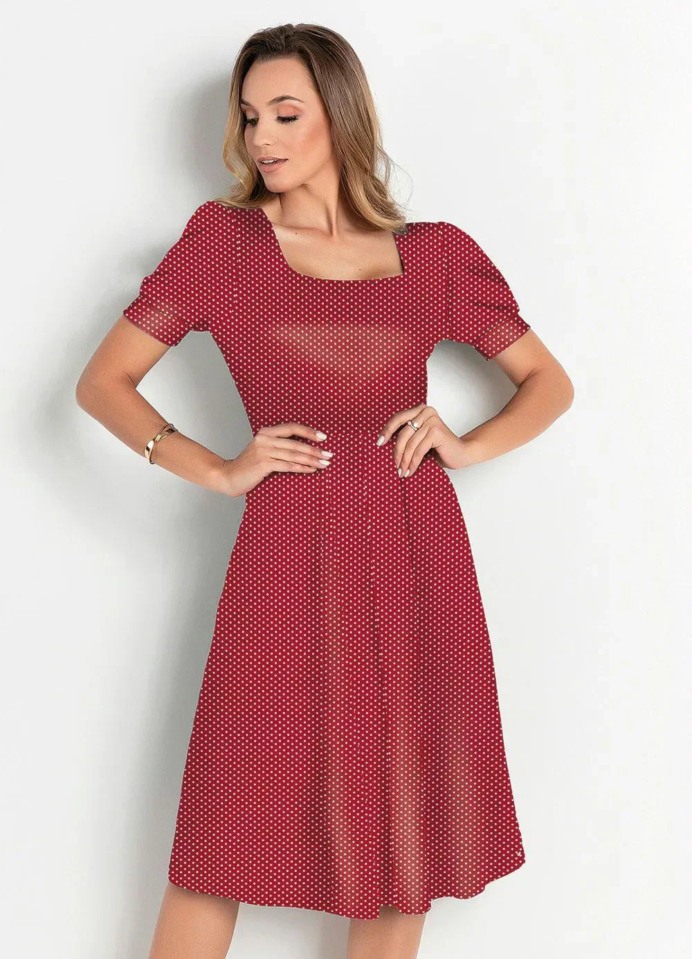 Rosalie - Vestido Poá Vermelha Manga 3/4
