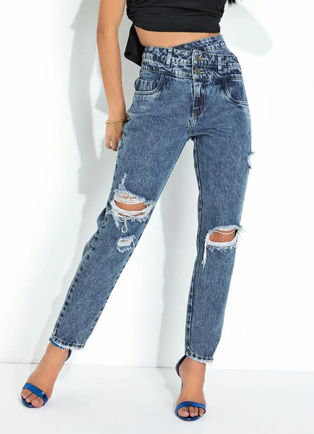Sawary Jeans - Calça Jeans Mom Jeans Cós Transpassado Sawary