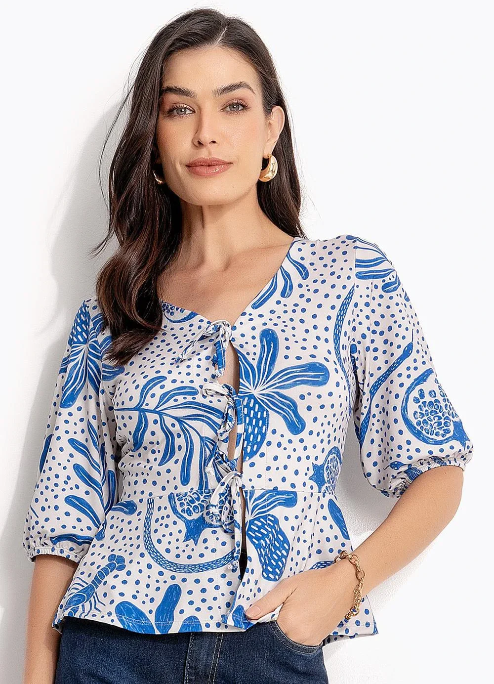 Quintess - Blusa Pontilhado Azul em Malha Fria
