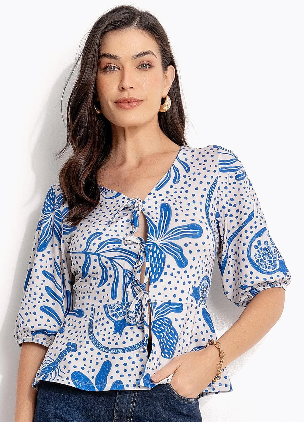 Quintess - Blusa Pontilhado Azul em Malha Fria