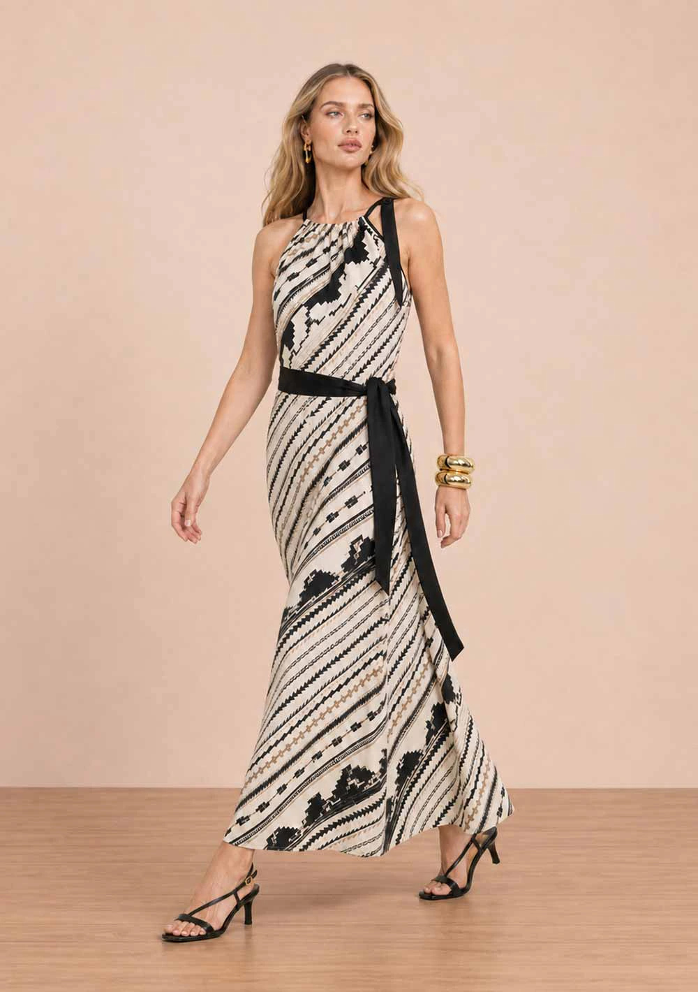Vestido Gola Alta Longo Agave Preto