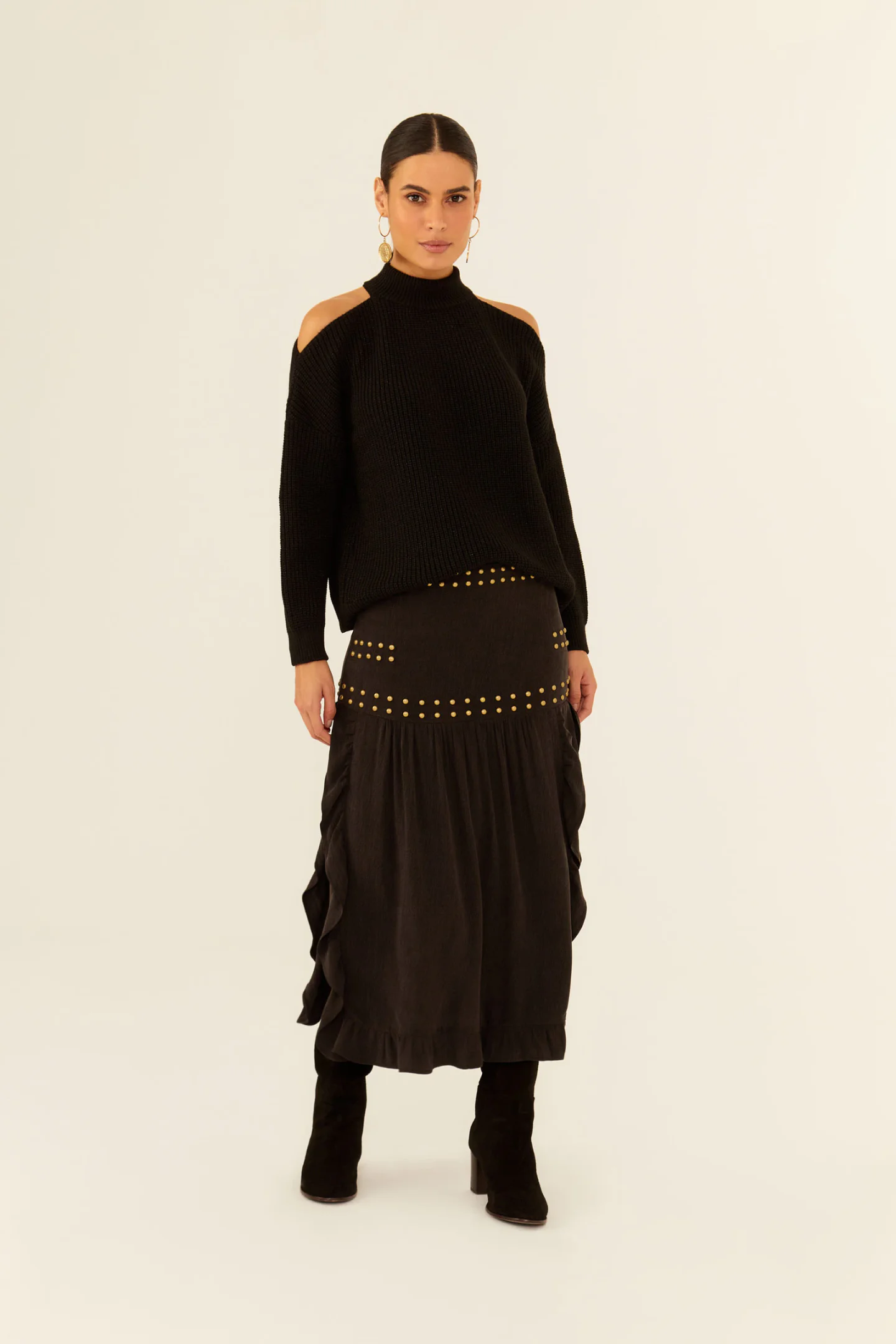 Saia Midi Babado Lateral