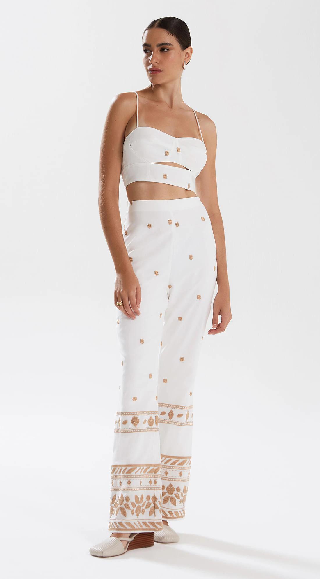 Calca Iódice Flare Cós Alto Detalhe Barra Off White