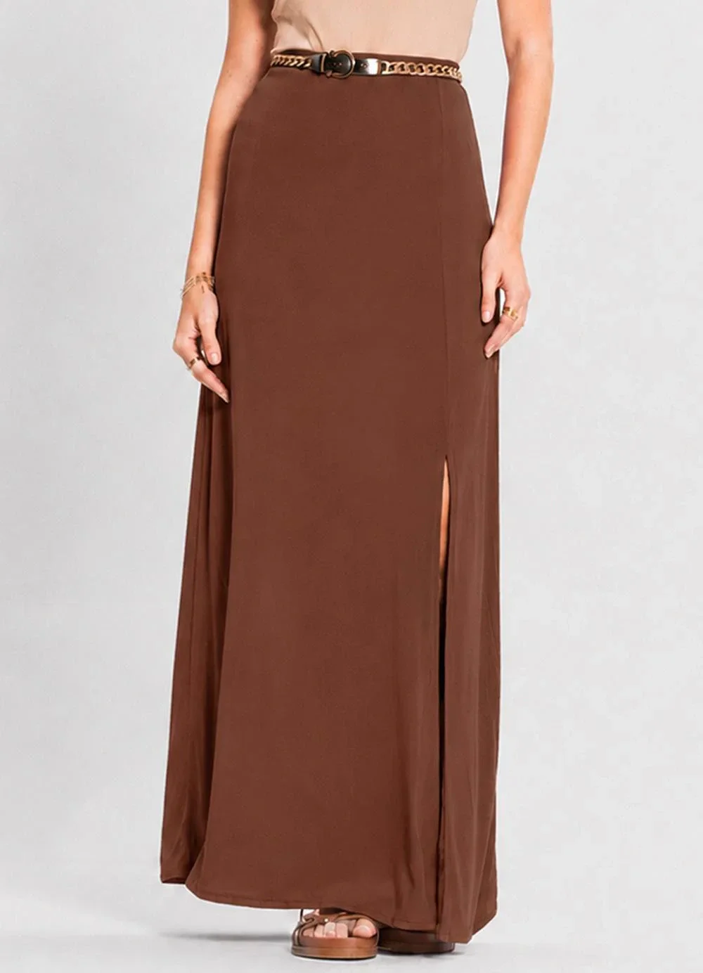 Select - Saia Longa Feminina em Malha Visco Marrom