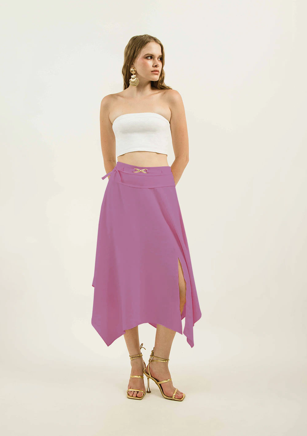 Saia Zinco Midi Fluida Com Fenda Rosa
