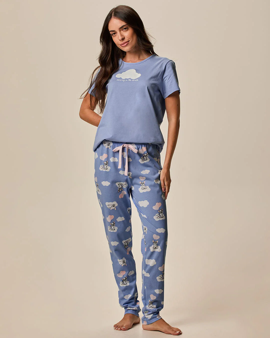 Pijama Longo Feminino Blusa Estampa Puf E Calça f Em Malha 100% Algodão