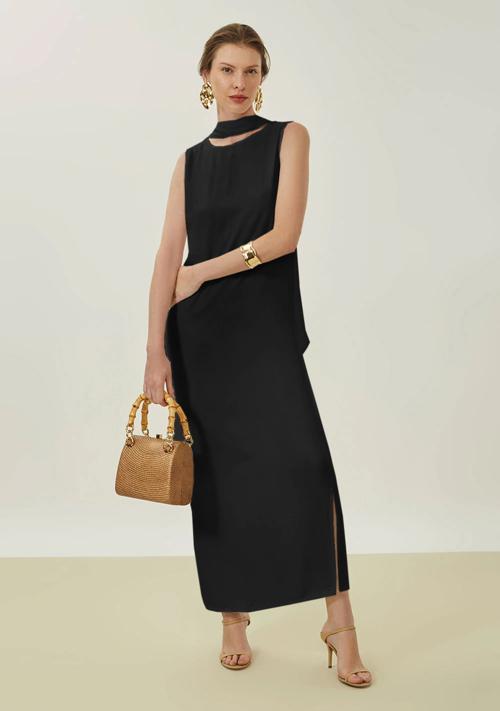 Vestido Maria.Valentina Solto Decote Careca Sem Manga Longo Preto