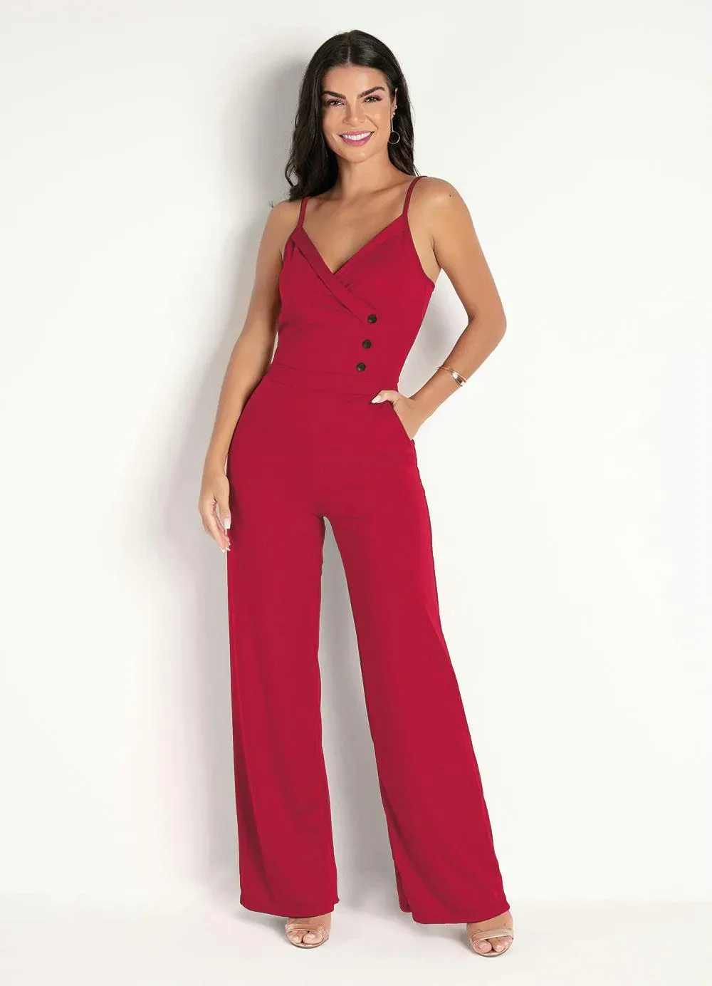 Moda Pop - Macacão Vermelho de Alças Longo