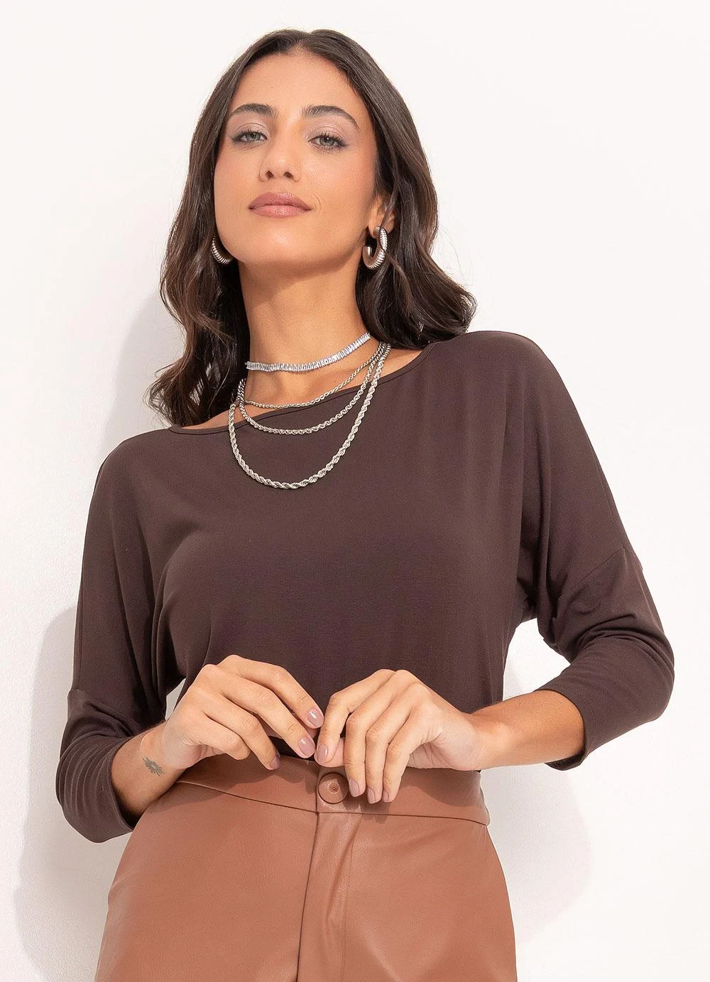 Quintess - Blusa Marrom em Malha de Viscose