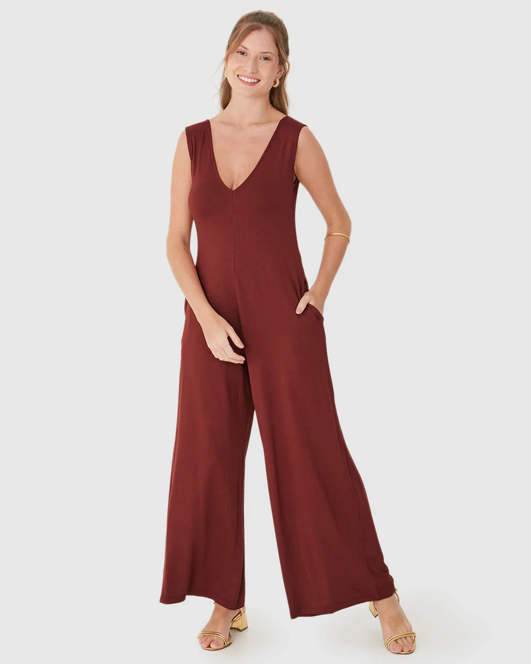 Macacão Feminino Pantalona Bolso Funcional Em Moletinho De Viscose
