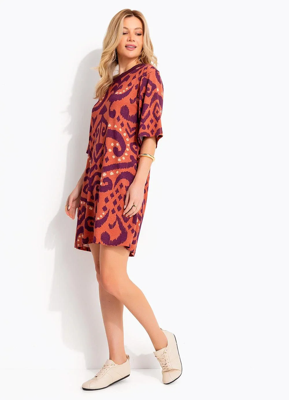 Quintess - Vestido Abstrato Laranja em Malha de Viscose