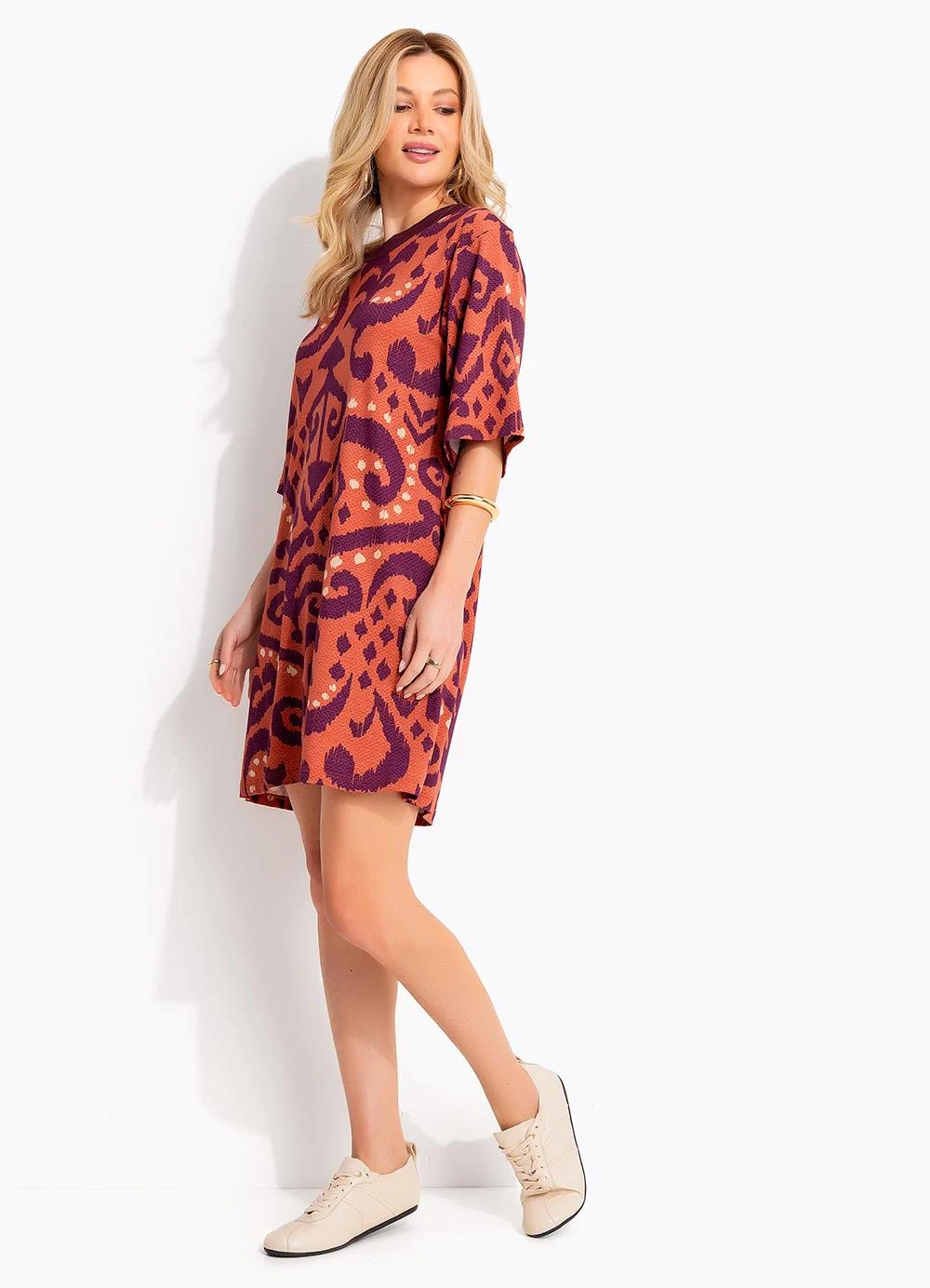 Quintess - Vestido Abstrato Laranja em Malha de Viscose