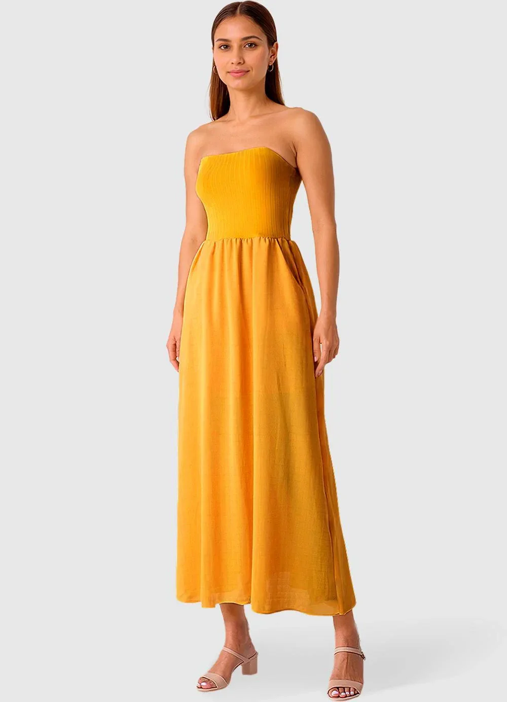 Malwee - Vestido Longo Canelado Amarelo