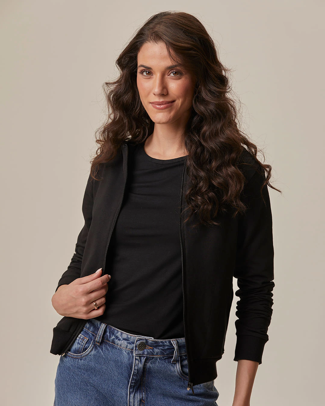 Jaqueta Básica Feminina Com Capuz Moletom Stretch Flanelado