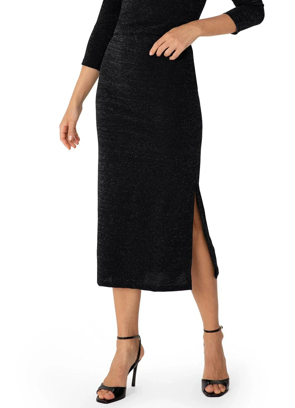 Enfim - Saia Midi Reta Fenda em Lurex Preto
