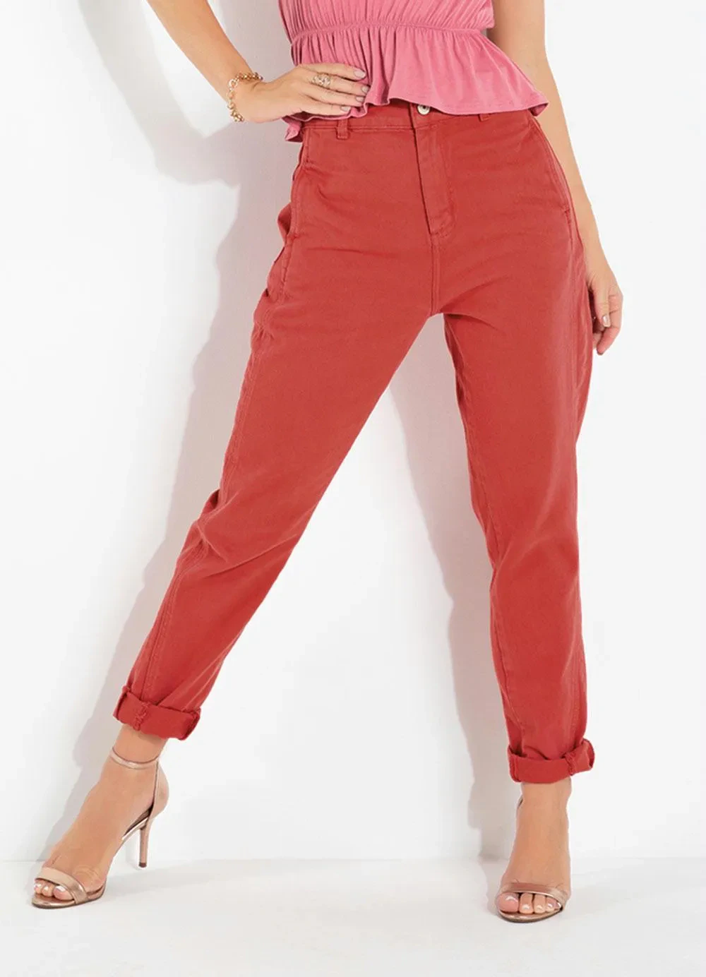 Sawary Jeans - Calça Mom Jeans Vermelha Sawary