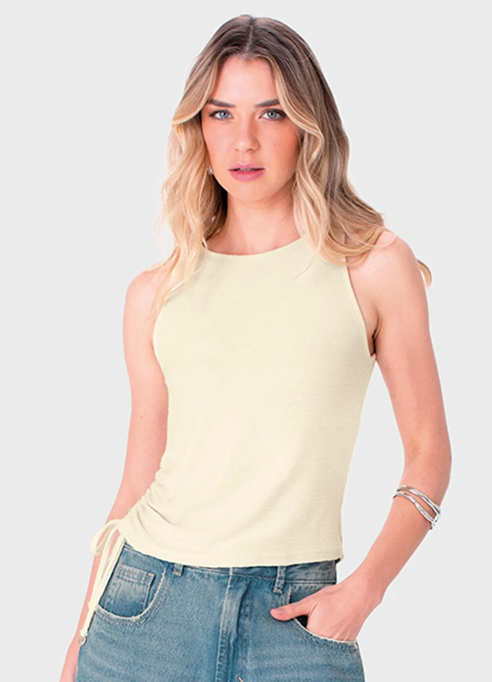 Enfim - Blusa Justa Texturizada com Amarração Off White
