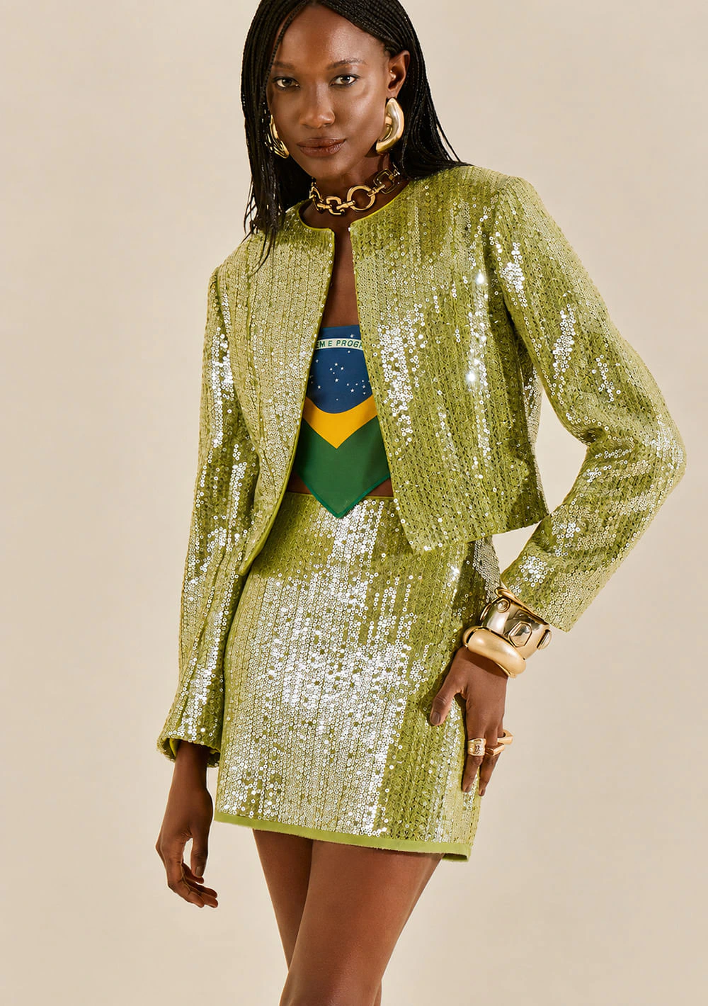 Blazer Morena Rosa Solto Manga Longa Cropped Verde