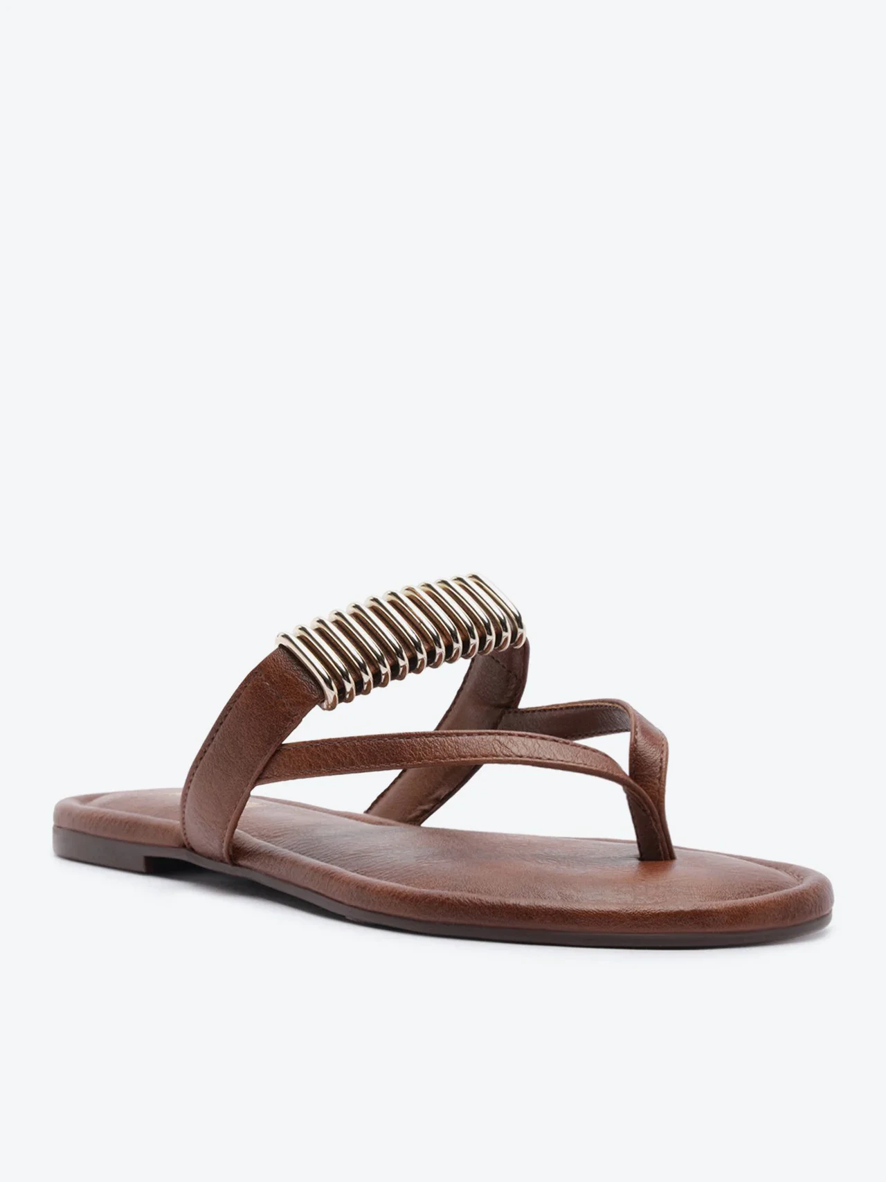 Rasteira Tira Apliques Metal Marrom Caramelo