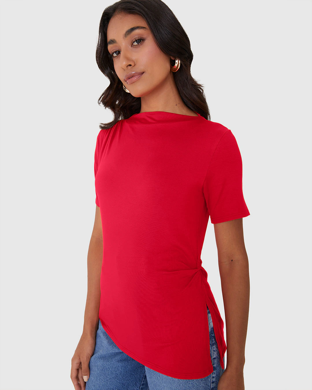 Blusa Feminina Assimétrica Torção E Fenda Lateral Em Viscose Stretch