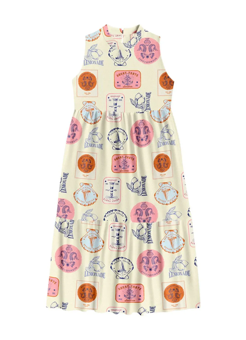 Angel - Vestido Midi Viscose Estampada Bege