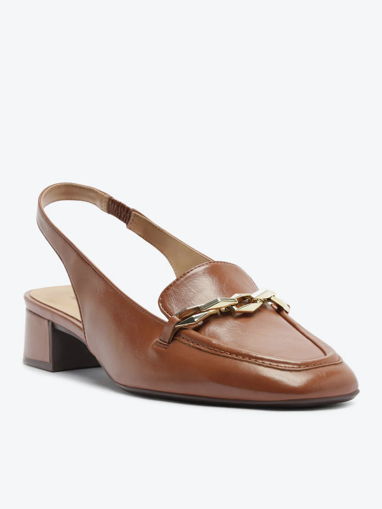 Mocassim Slingback Salto Bloco Corrente Marrom