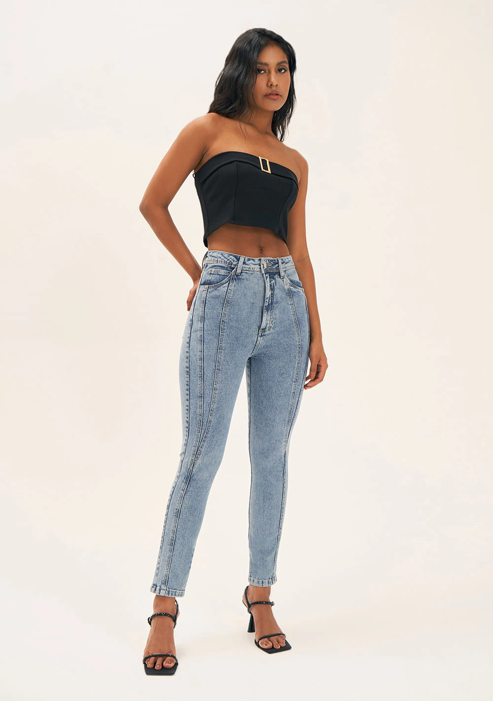 Calca Zinco Cigarrete Cós Alto Com Recorte Jeans