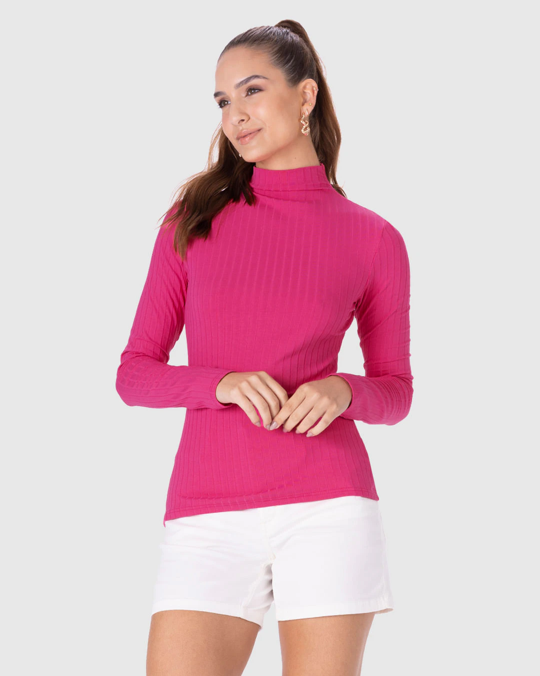 Blusa Básica Feminina Gola Alta Em Malha Canelada De Viscose