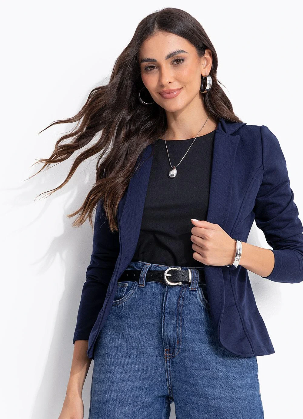 Quintess - Blazer Feminino Azul Marinho em Moletinho com Botão Único