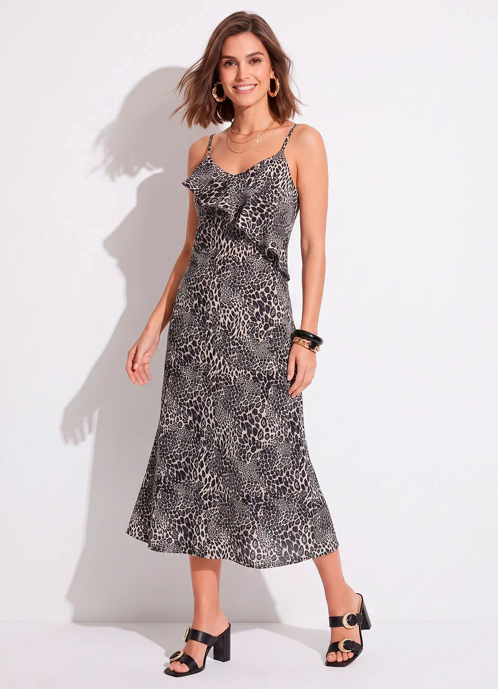 Quintess - Vestido Onça Preta em Crepe Plano