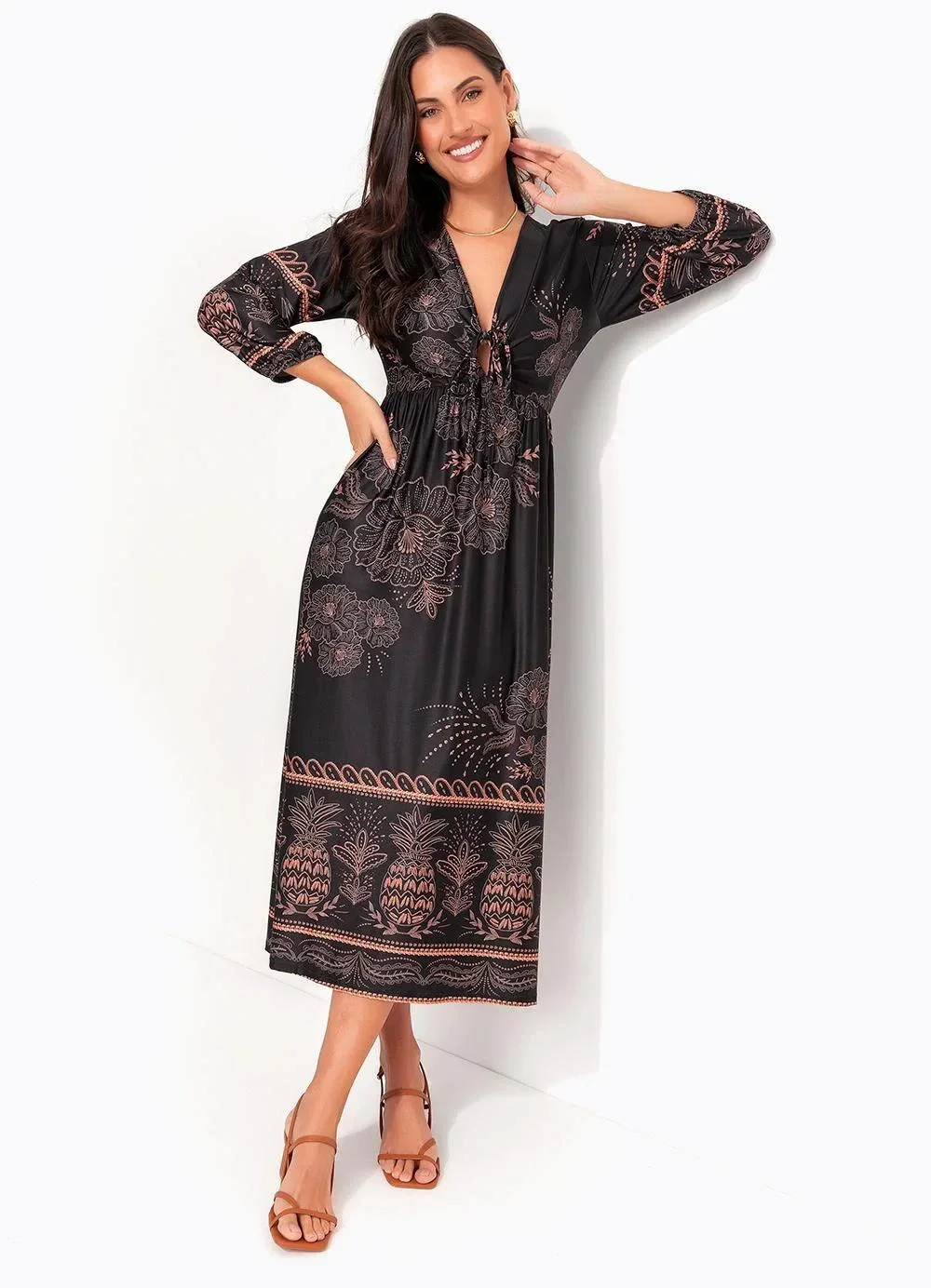 Quintess - Vestido Abacaxi Tropical em Malha Fria