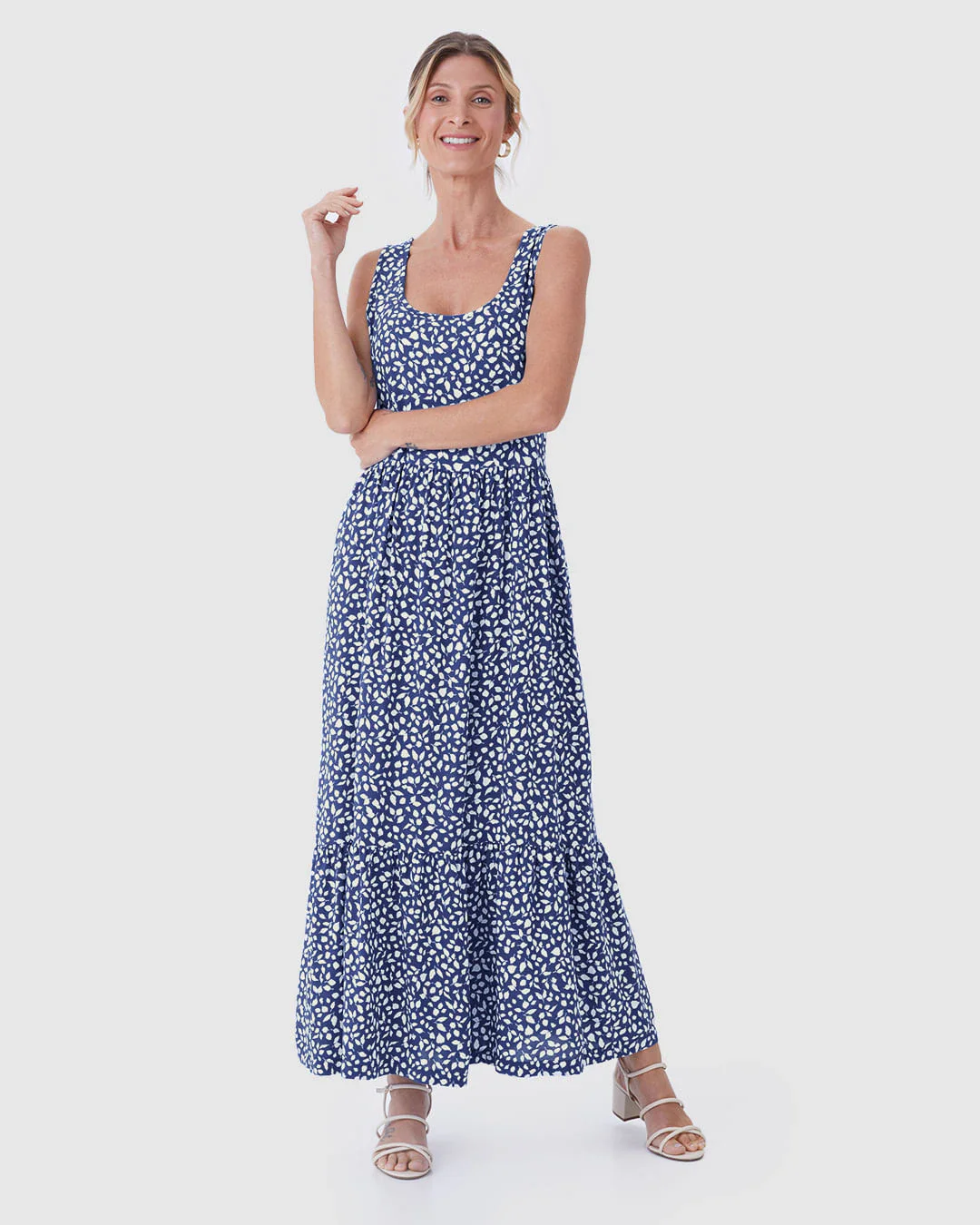 Vestido Midi Feminino Estampado Amplo Decote Quadrado Em Viscose