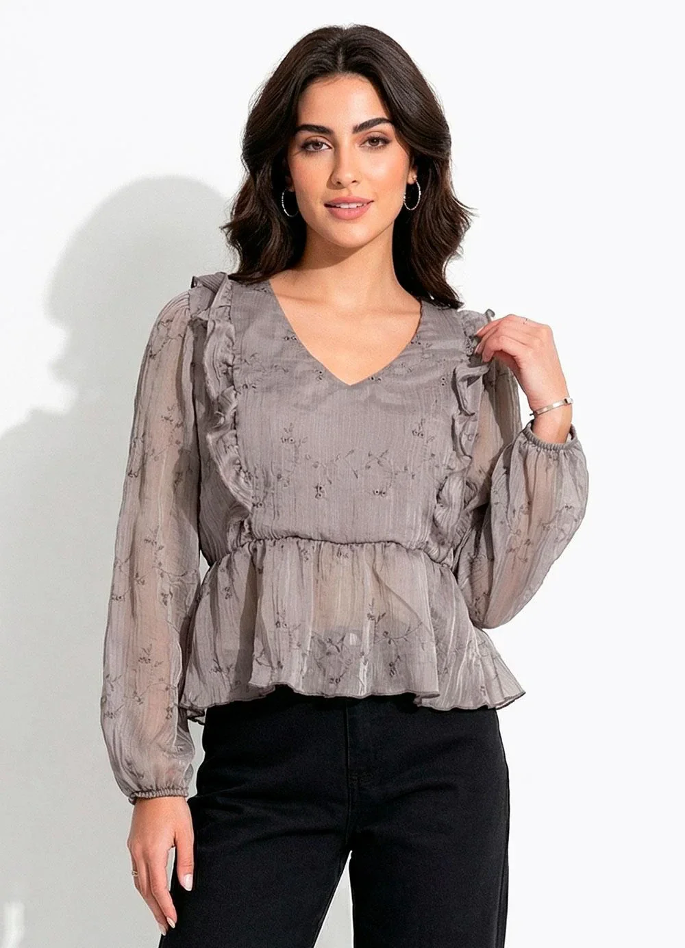 Quintess - Blusa Cinza Claro em Devorê Bordado
