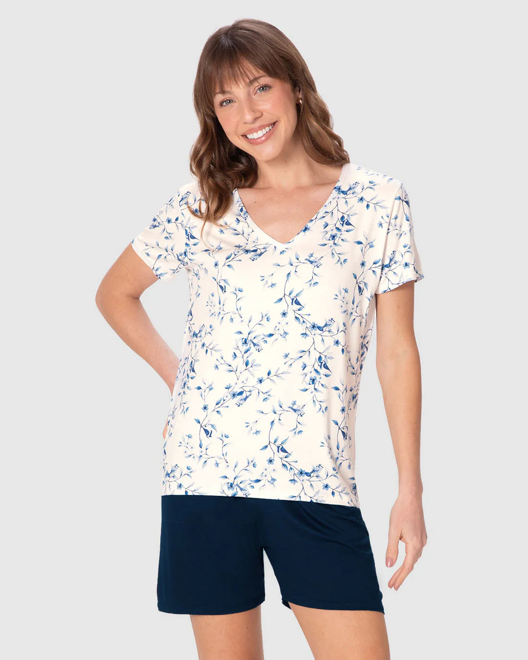 Pijama Curto Feminino Blusa Estampada E Shorts Meia Coxa Em Viscose Stretch