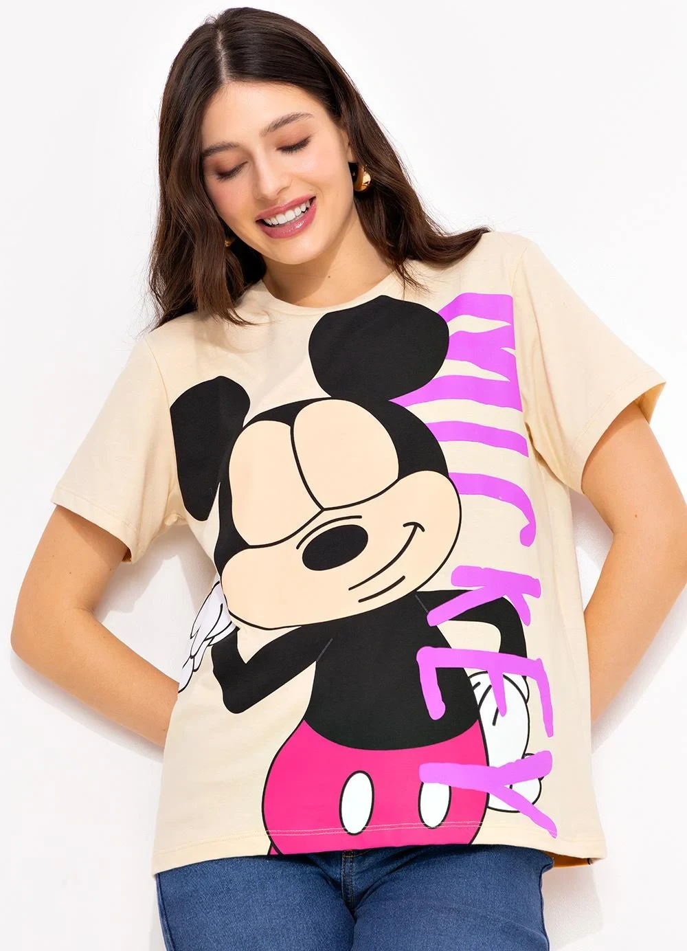 Disney - T-Shirt Bege em Malha de Algodão Penteado