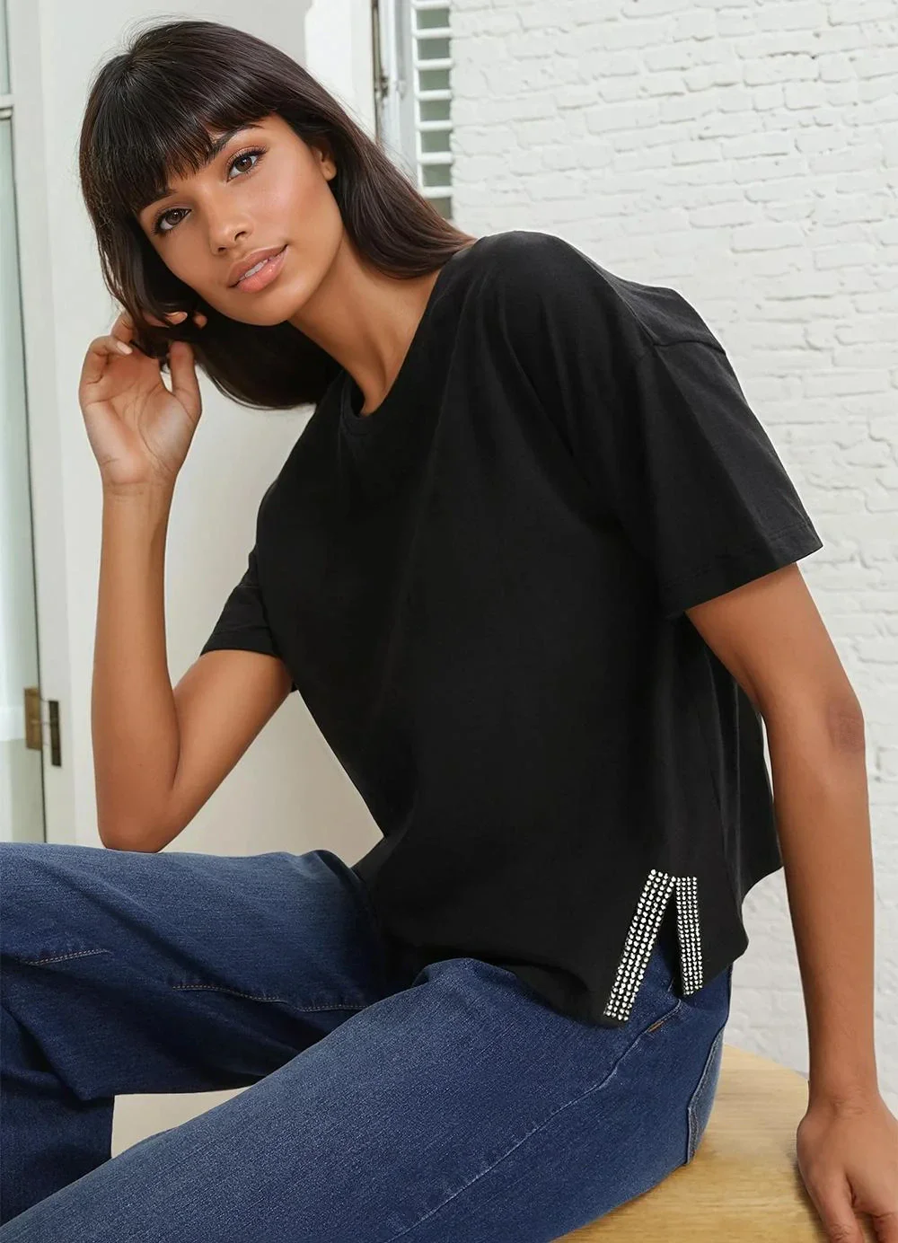 bonprix - Blusa Preta em Malha de Algodão Penteado