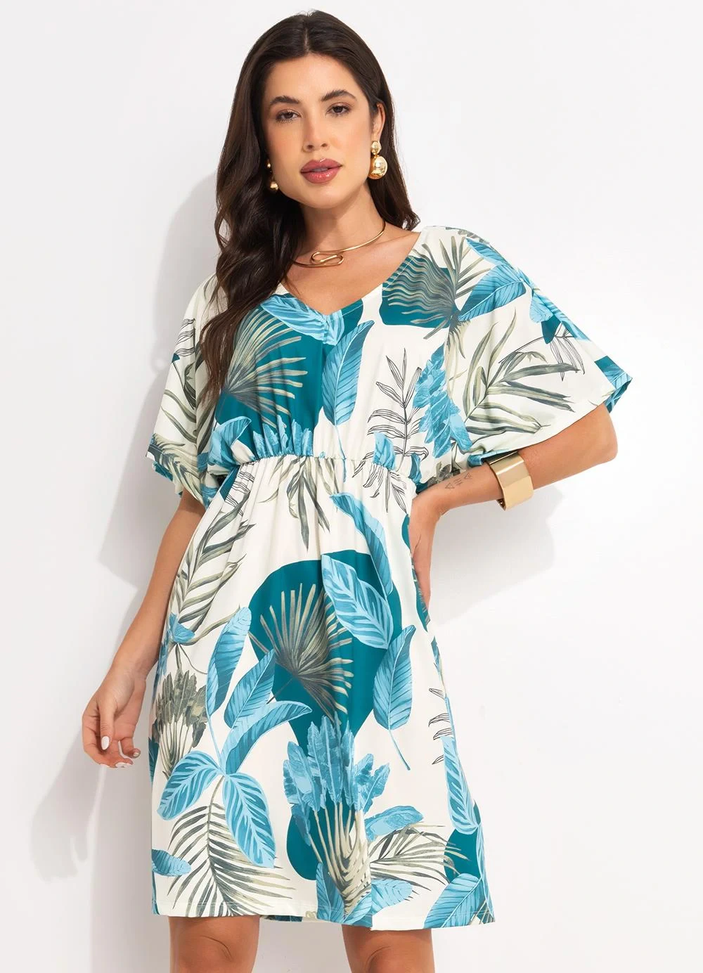 Quintess - Vestido Folhagem Bege em Malha Fria