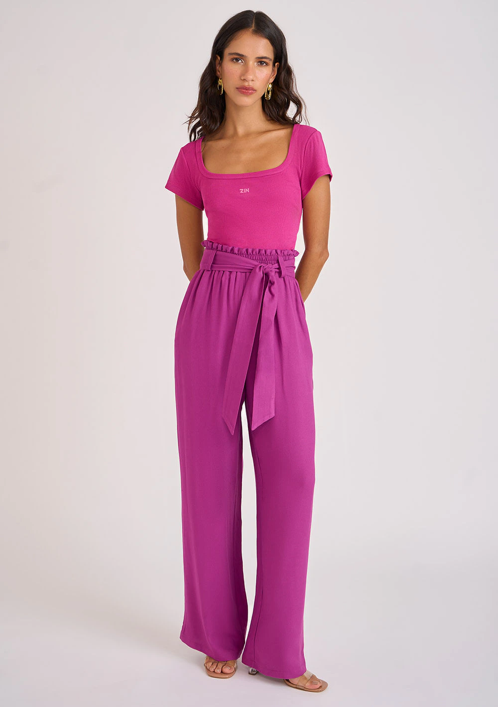 Calça Zinco Reta Cós Clochard Com Cinto Rosa