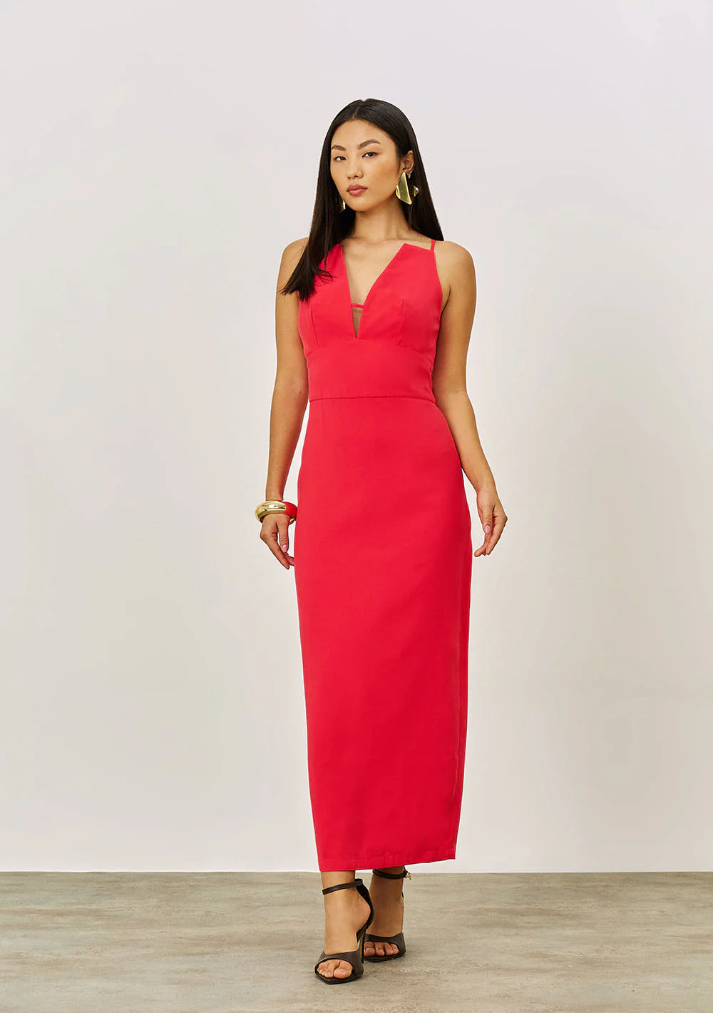 Vestido Iódice Ajustado Decote V Com Alça Midi Vermelho