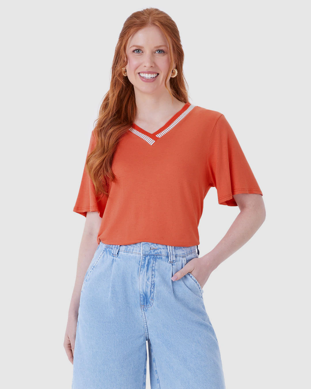 Blusa Ampla Feminina Decote V Retilínea Em Malha Viscolinho Stretch