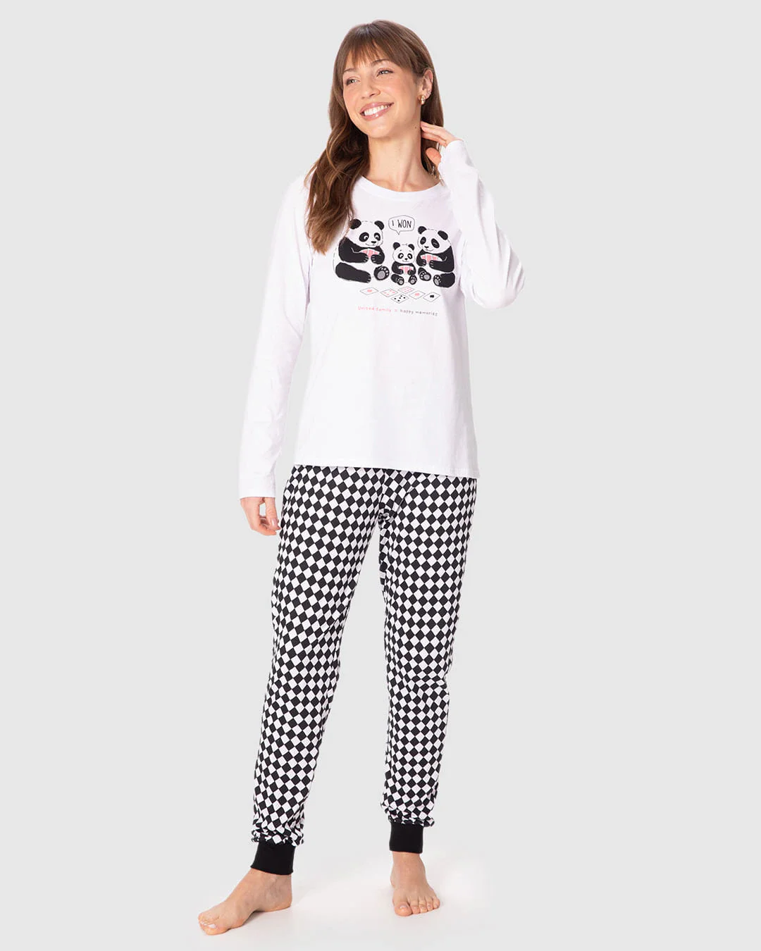 Pijama Feminino Blusa Manga Longa E Calça Estampada Em Algodão