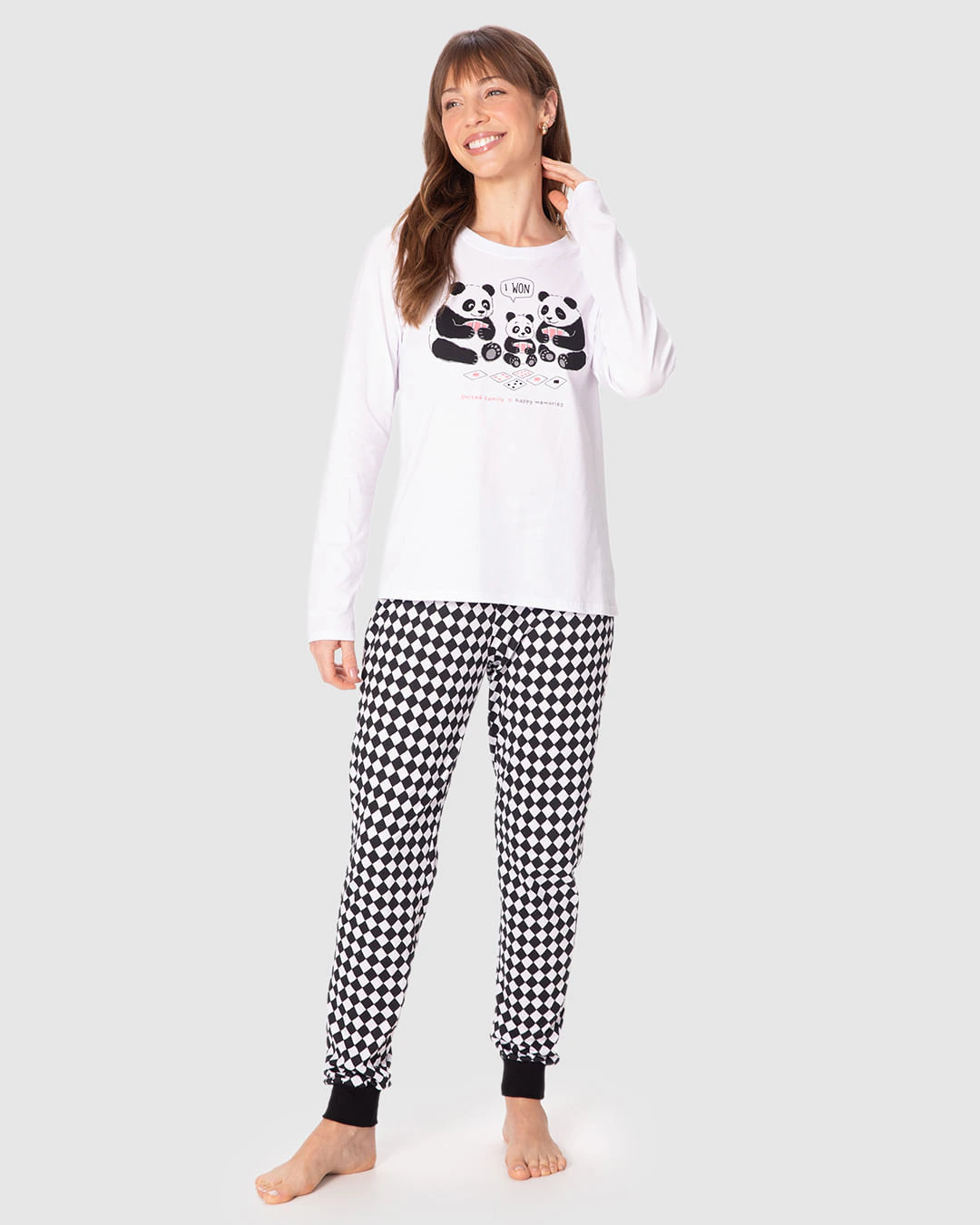 Pijama Feminino Blusa Manga Longa E Calça Estampada Em Algodão