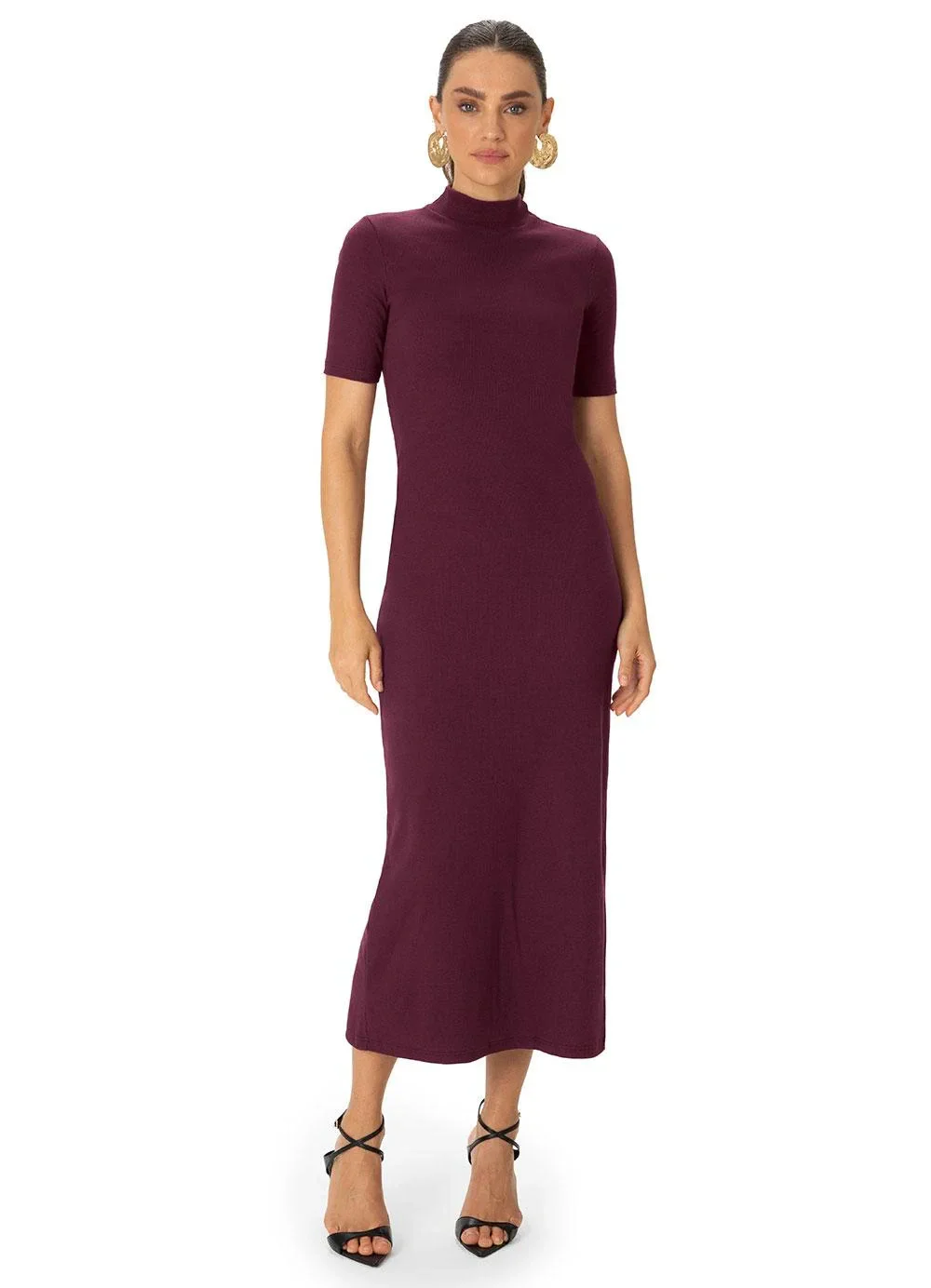 Enfim - Vestido Midi Canelado Bordô