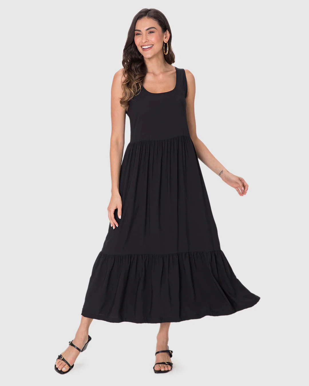 Vestido Midi Feminino Amplo Decote Quadrado Em Viscose