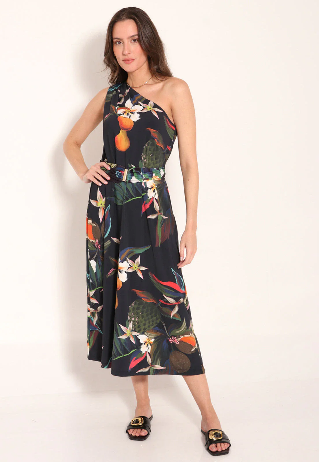 Vestido Fluxy de Um Ombro com Cinto na Cintura - Flora