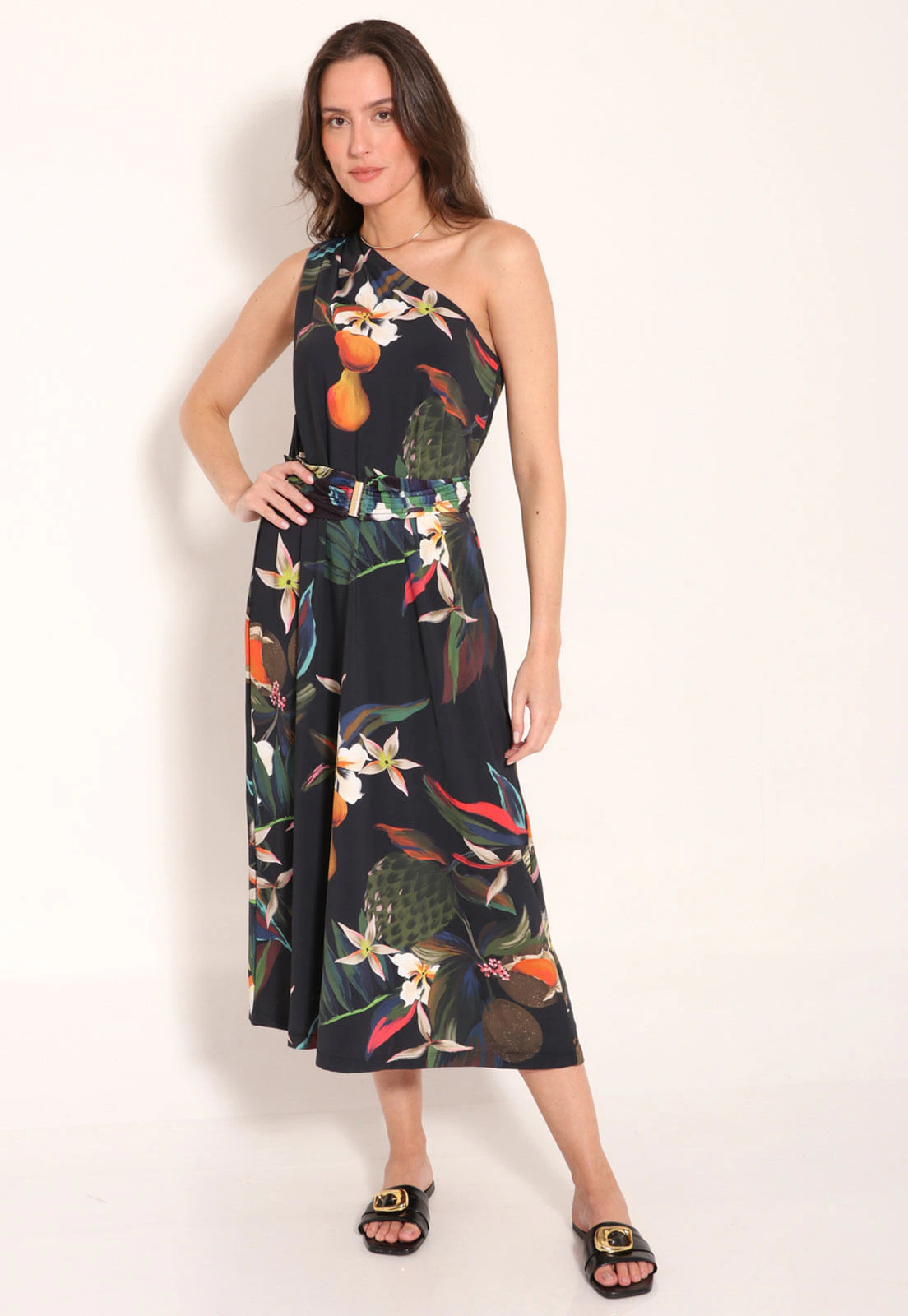 Vestido Fluxy de Um Ombro com Cinto na Cintura - Flora