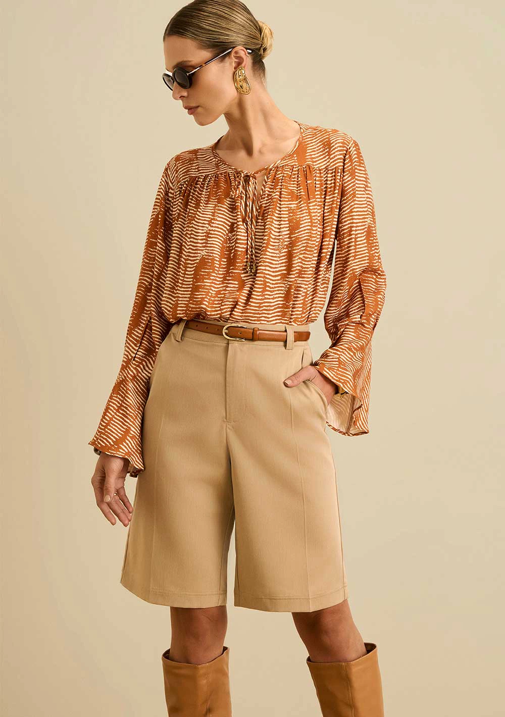 Blusa Maria.Valentina Solta Decote Careca Manga Longa Padrão Laranja